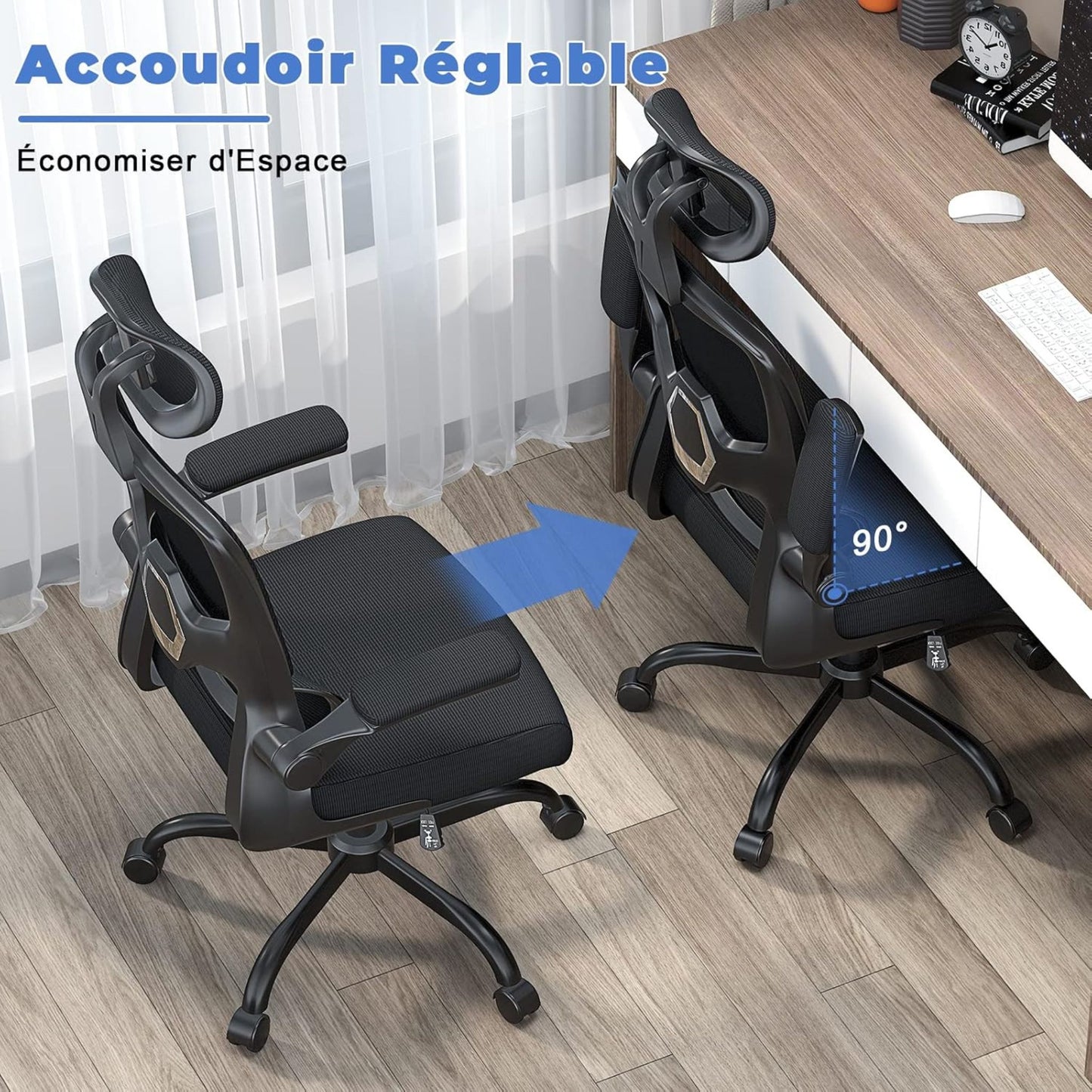 Fonctionnalité d'accoudoir réglable à 90 degrés de la chaise ergonomique OptiErgo pour un gain de place.