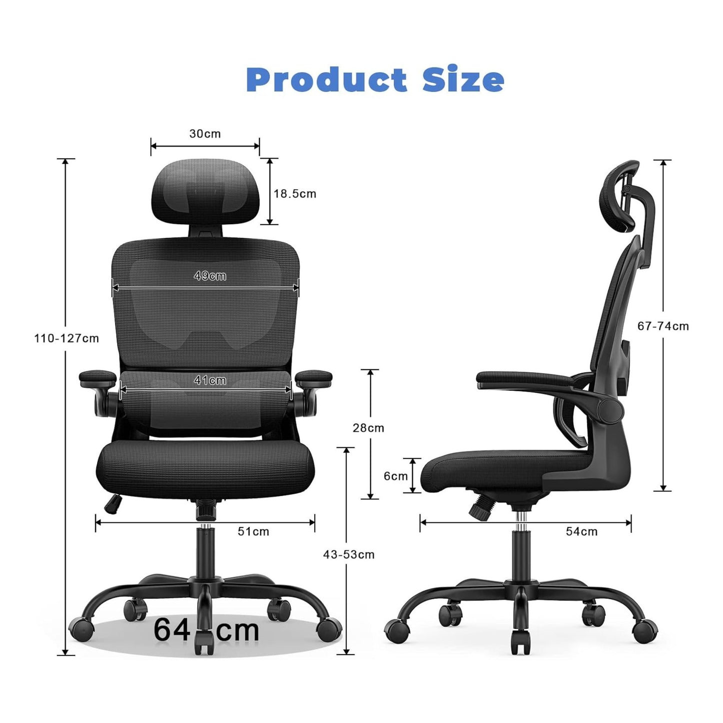 Dimensions et mesures de la chaise ergonomique OptiErgo avec hauteur et profondeur du siège.