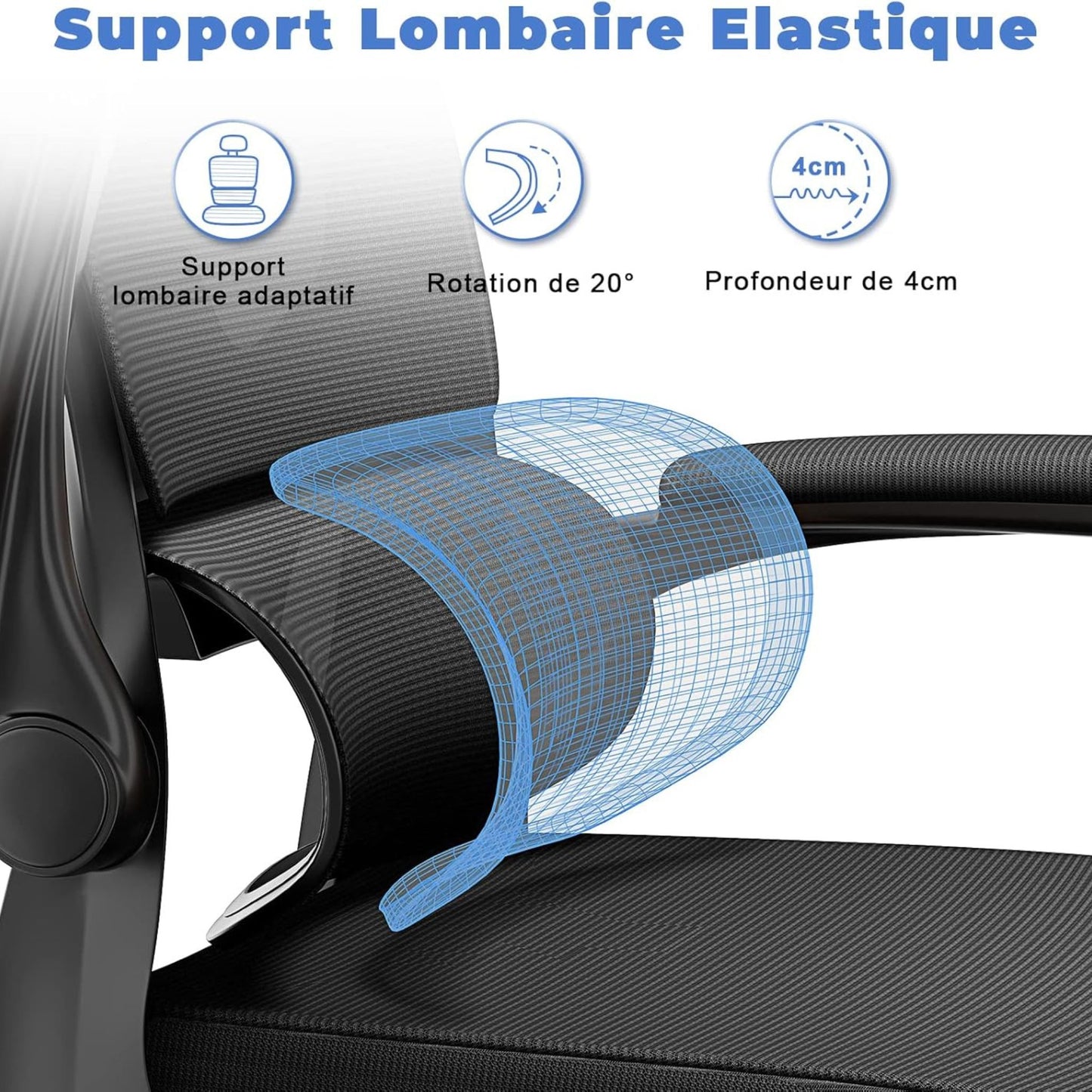 Soutien lombaire élastique et adaptable de la chaise ergonomique OptiErgo pour soulager le dos.