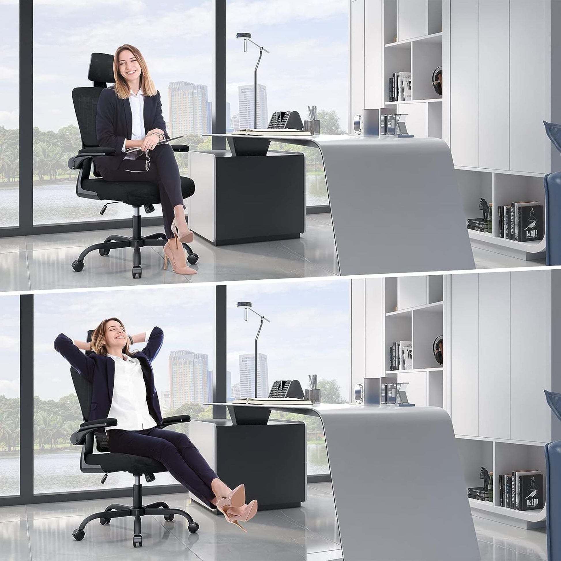 Chaise de bureau ergonomique noire OptiErgo avec soutien lombaire et appui-tête ajustable.