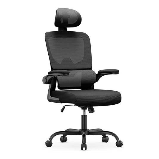 Chaise de bureau ergonomique noire OptiErgo avec soutien lombaire et appui-tête ajustable.